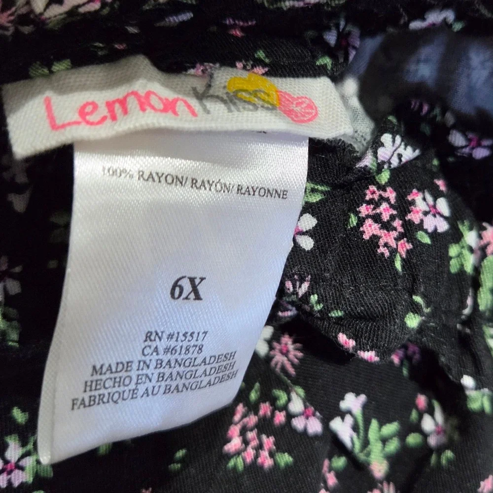 Lemon Kiss Girls 2 Piece Floral Smocked Top and Paperbag Pants Set Black 6X